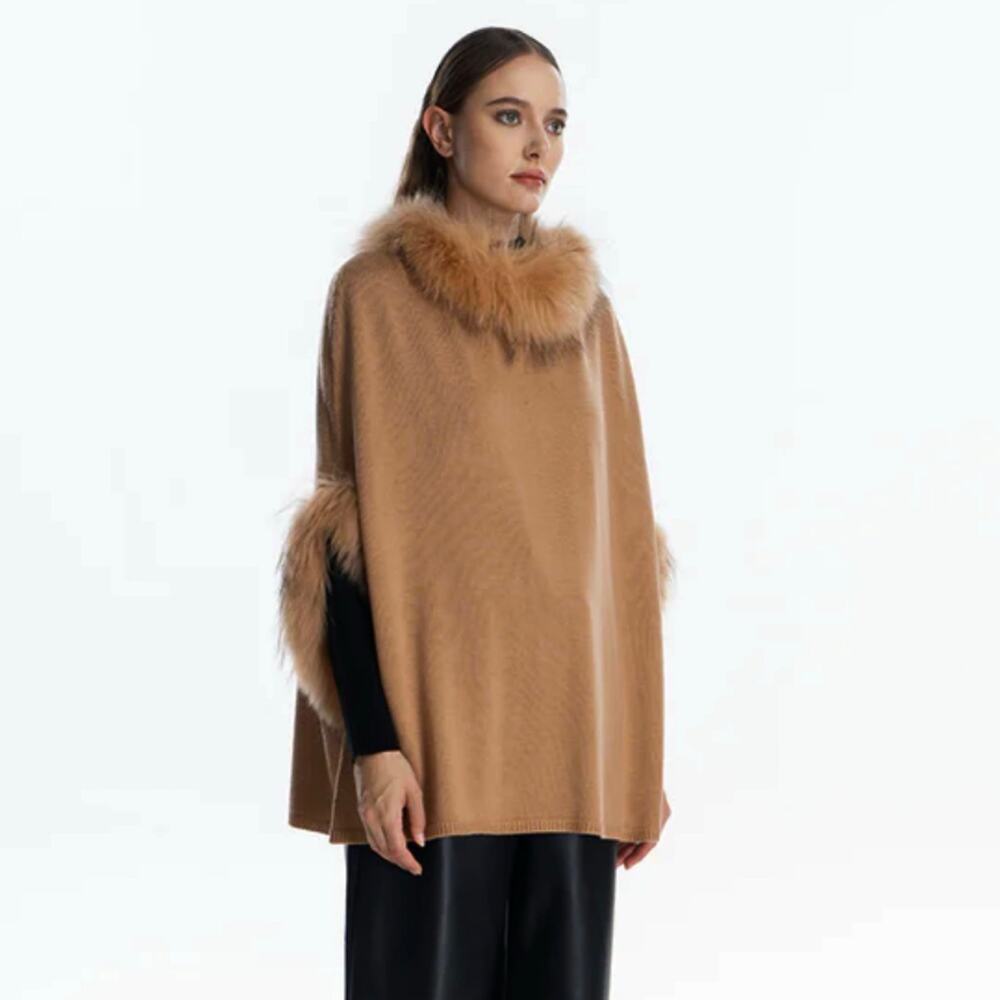 Love Token Camel Tan Wool Blend Genuine Raccoon Fur Trim Poncho XS/S